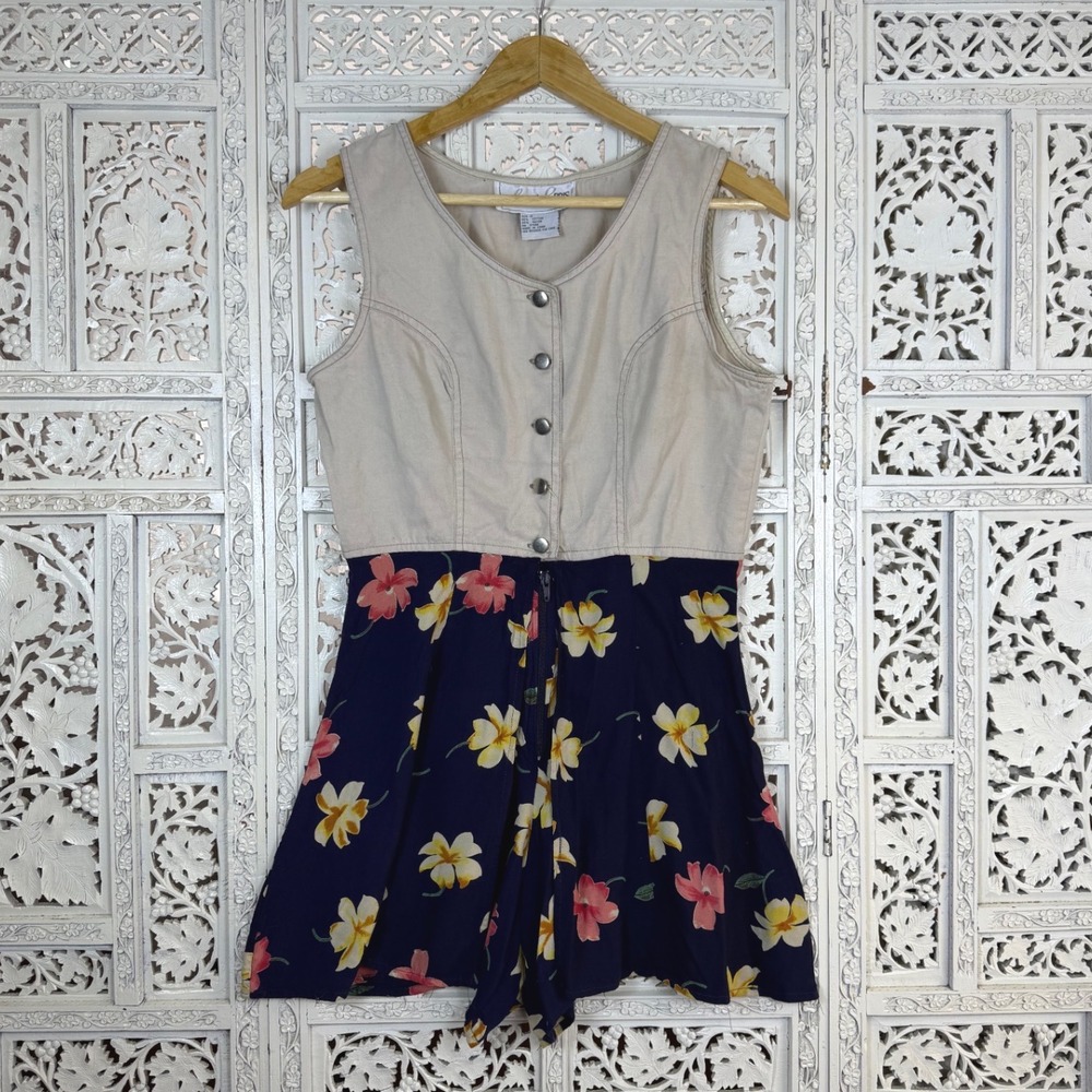 Vtg Floral Button Up Sleeveless Romper‎ Sz M Retro Indie Casual 90's Lightweight